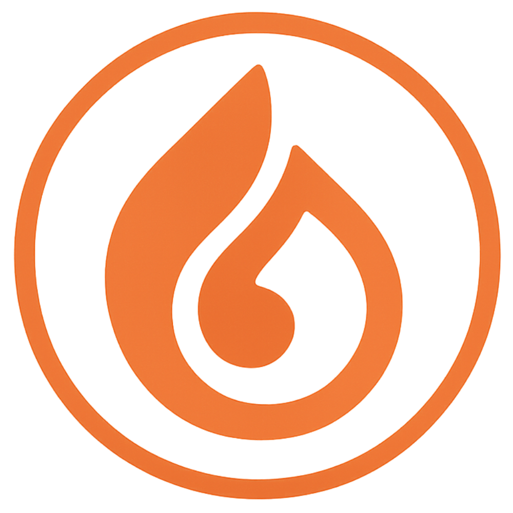 Orange logo with a flame symbol inside a circle.