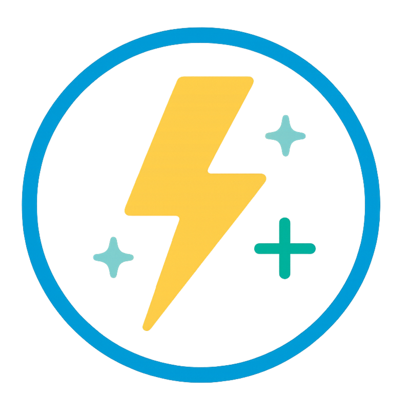 Icon with a yellow lightning bolt inside a blue circle, accompanied by two small sparkles and a plus sign.