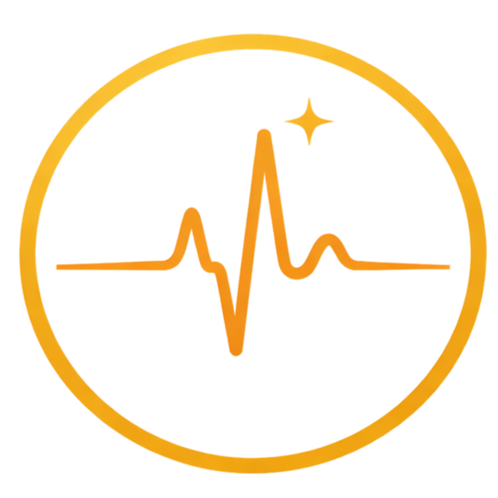An icon of a red circle with a gold border containing a yellow electrocardiogram line and a small shining star.
