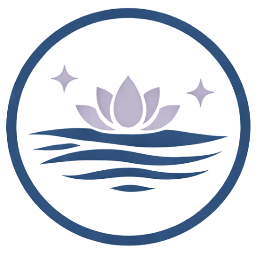 A logo featuring a lotus flower floating on water with two stars and a circular border.