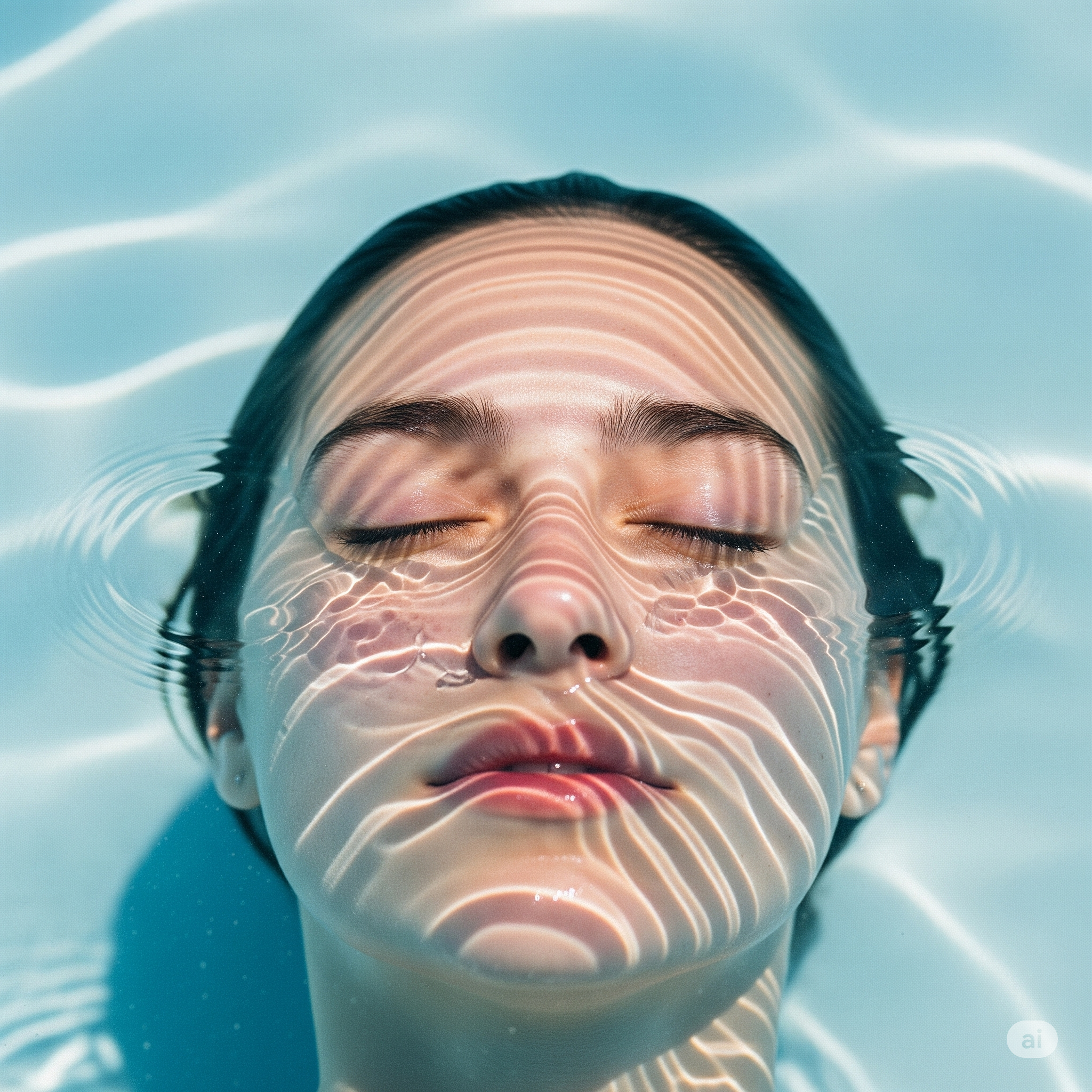 A person with closed eyes and relaxed expression floating in water, with sunlight creating wavy reflections on their face.
