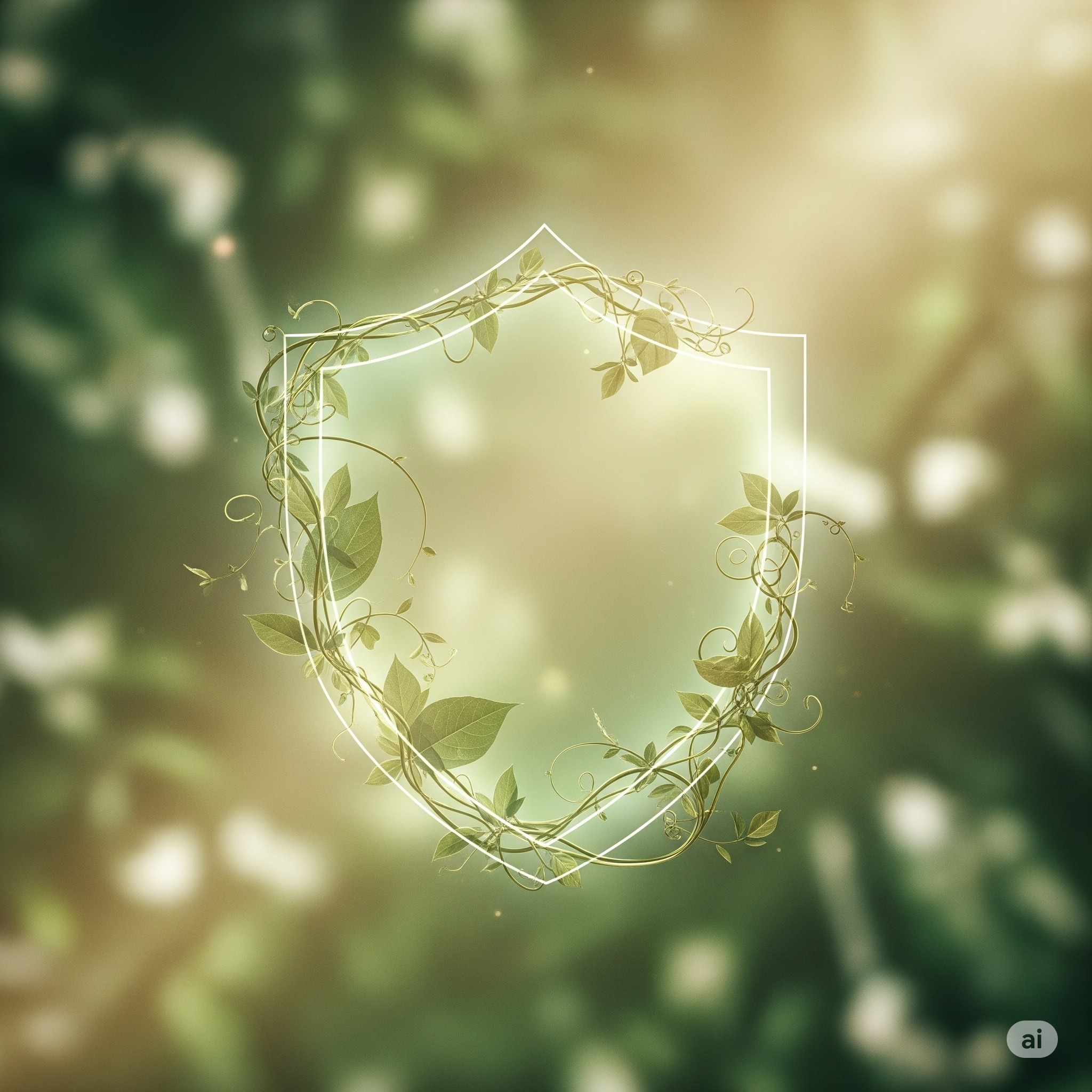 A glowing shield outline surrounded by green ivy leaves and vines, with a blurred natural background.