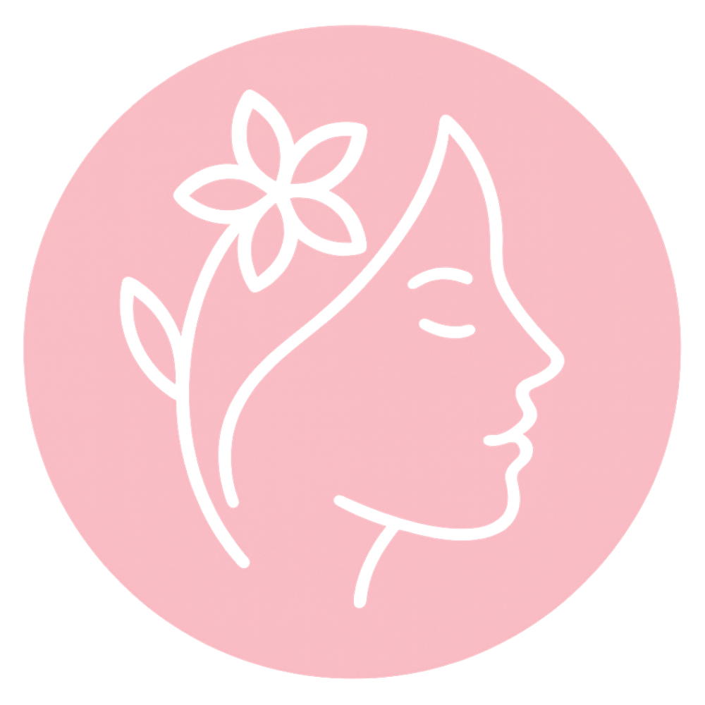 Line drawing of a woman's face in profile with a flower and leaves in her hair, on a pink circular background.