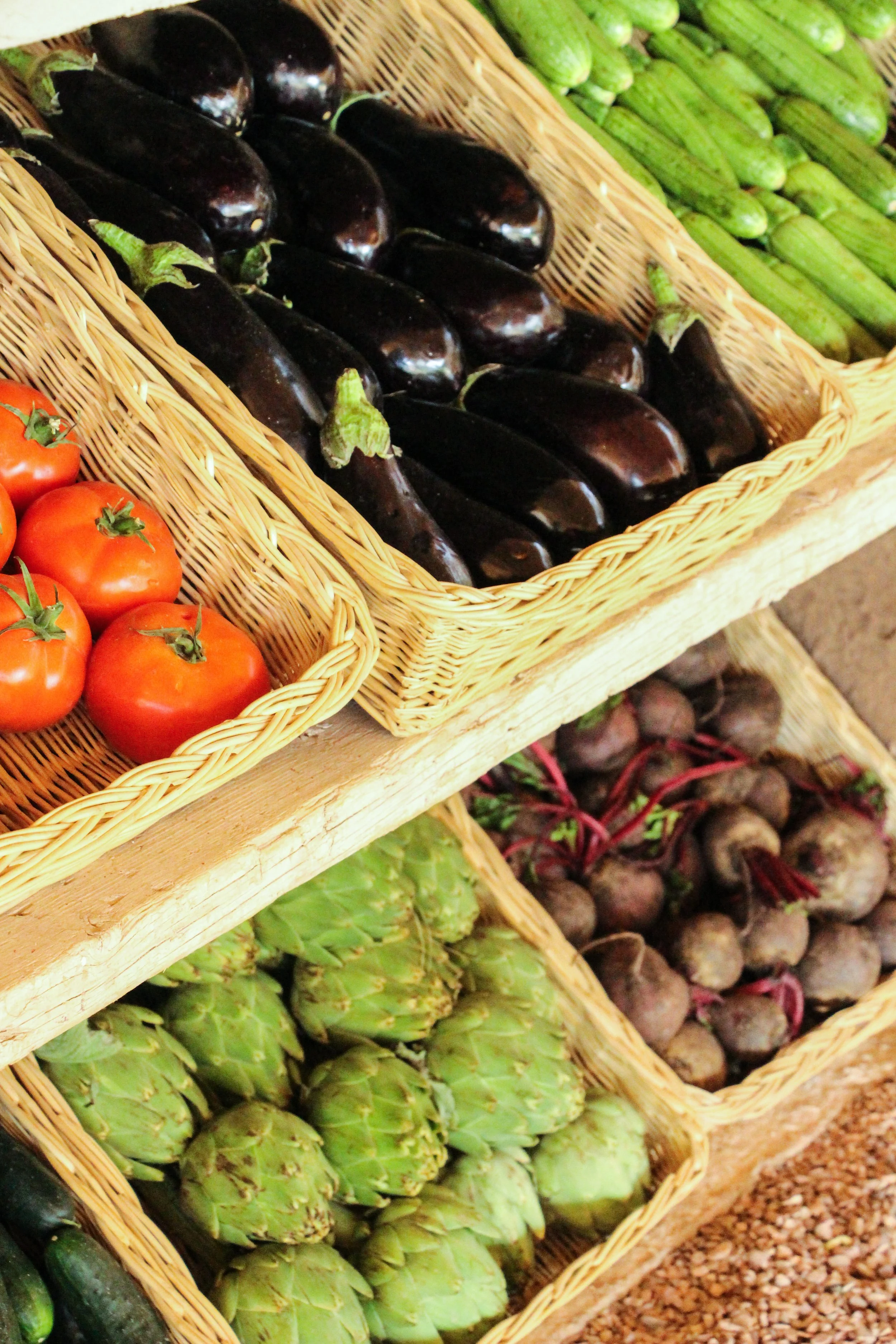 Baskets of fresh vegetables, for guests to use in their cooking class in Marrakech