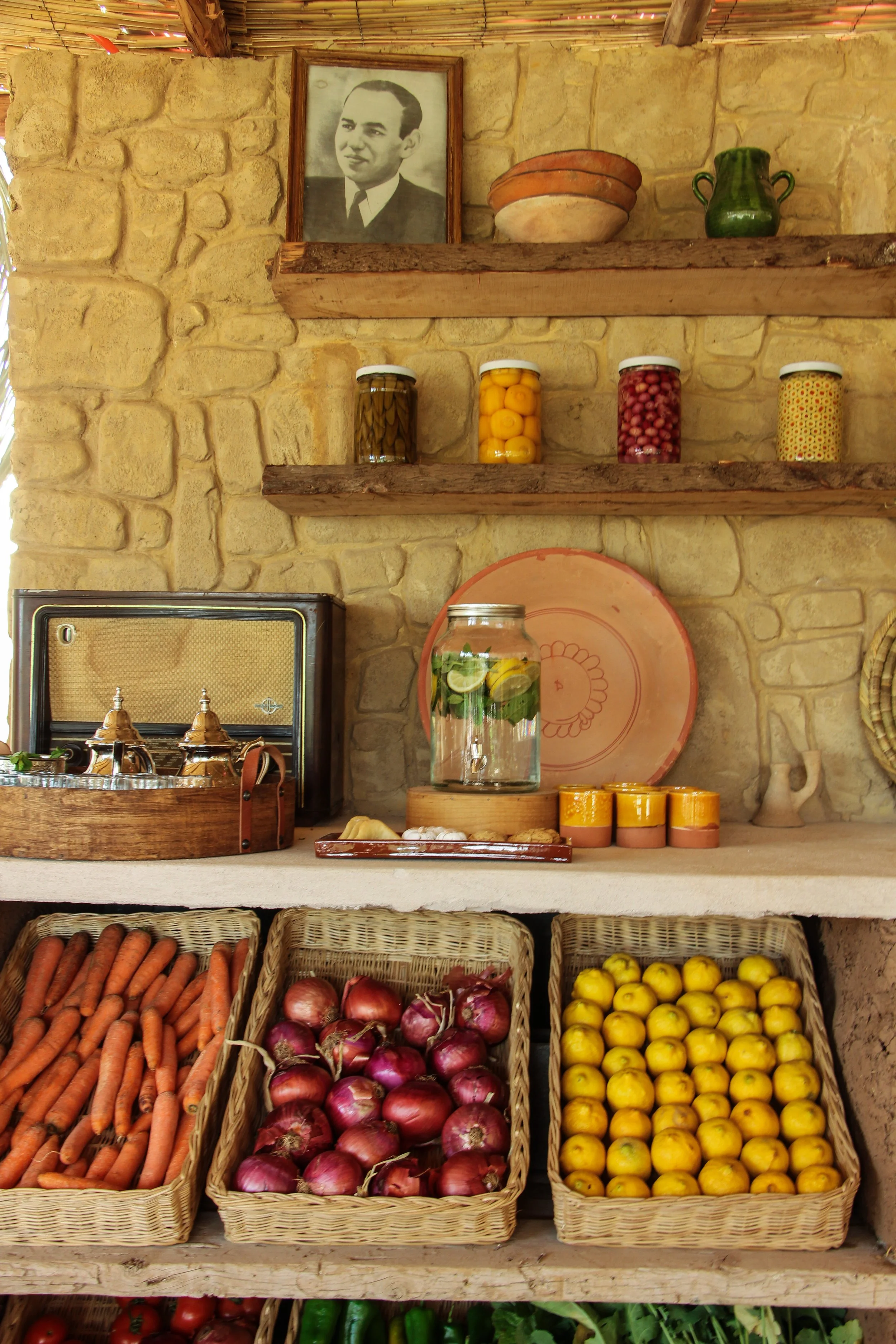 Wall of the open kitchen in a Marrakech farmhouse for authentic Moroccan cooking class