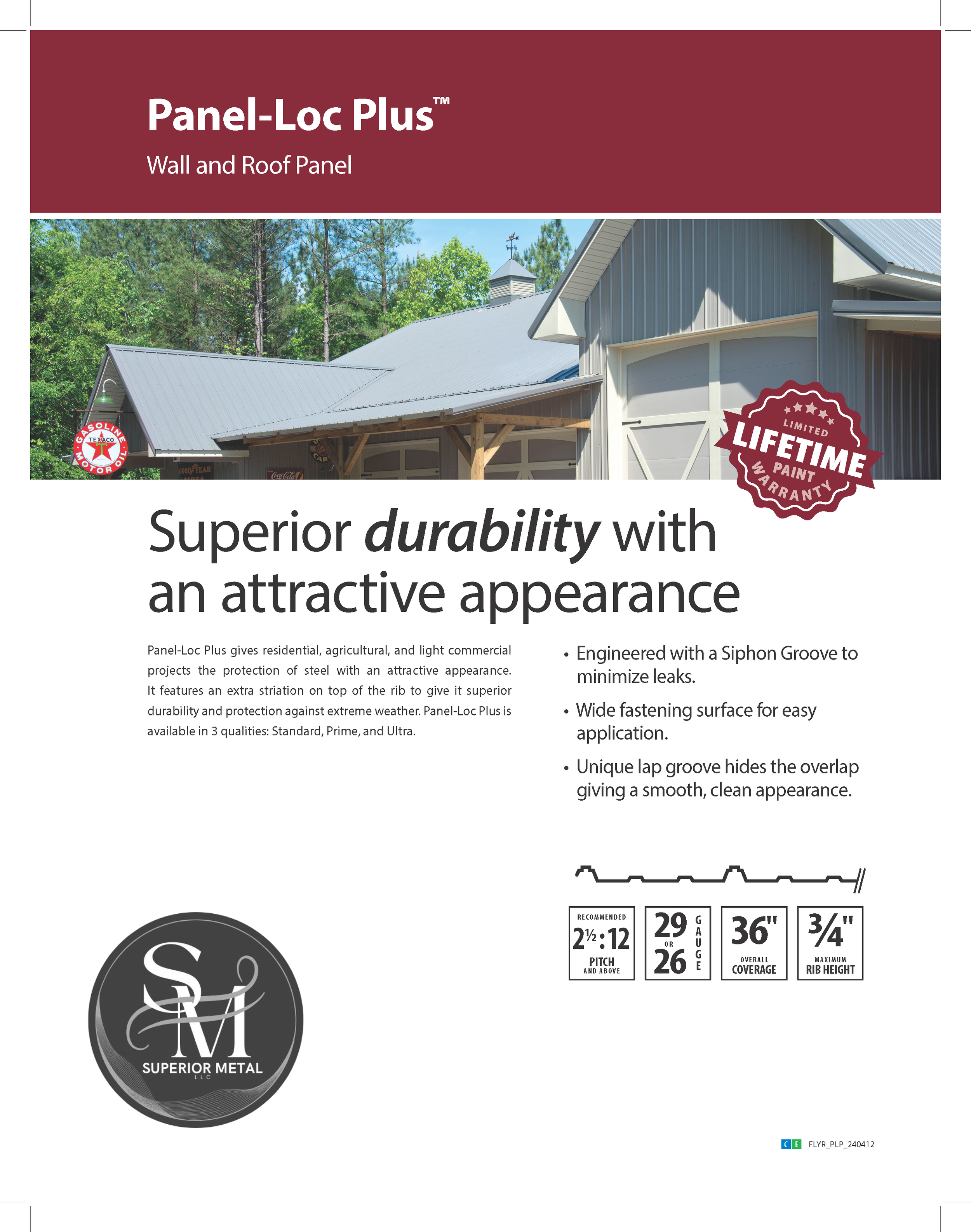 Product information sheet for Panel-Loc Plus wall and roof panel, emphasizing durability, attractive appearance, and features like a siphon groove andwide fastening surface, with a picture of a building with metal panels in the background.