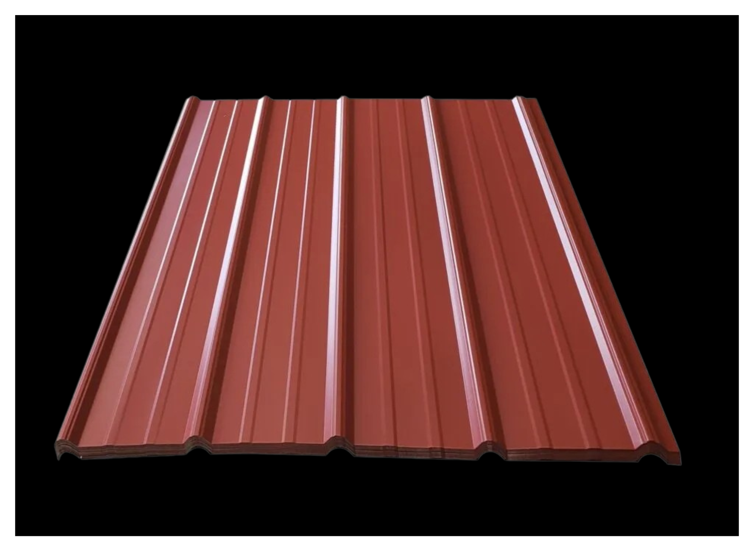 Red metal roofing sheet with vertical ridges against a black background.