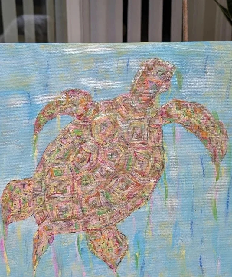 Fragile Swimmer - Acrylic on Canvas 12 x 12 x 1.5 inches Same turtle, two lights — a gentle reminder that truth shifts with how we see it.
Paint drips like wounds, echoing oceans burdened by pollution and a planet quietly bleeding.
A fragile swimmer,