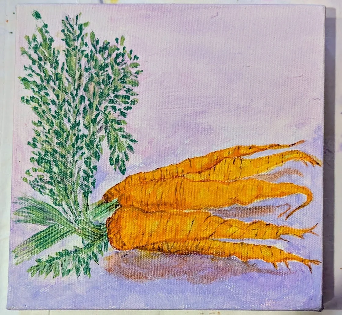 Fresh Carrots - Acrylic on Canvas 8 x 8 x 1.5 inches
This vibrant piece highlights the natural beauty of freshly harvested carrots, a symbol of health and nourishment. Painted in bright, cheerful colors, the artwork celebrates simple, nutritious food