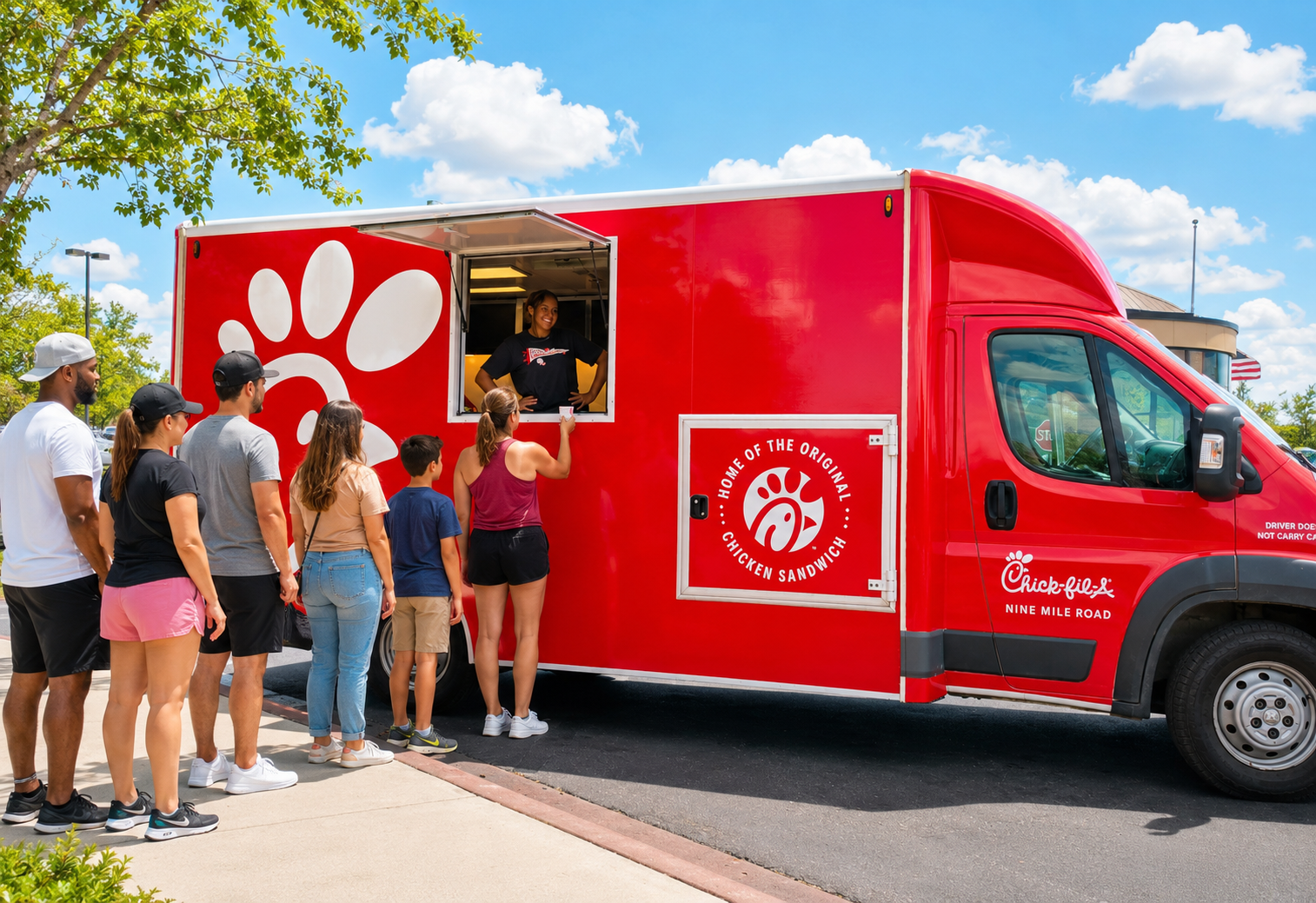 People waiting in line at a Chick-fil-A food truck during daytime, with a woman placing an order at the window, a server smiling, under a partly cloudy sky.