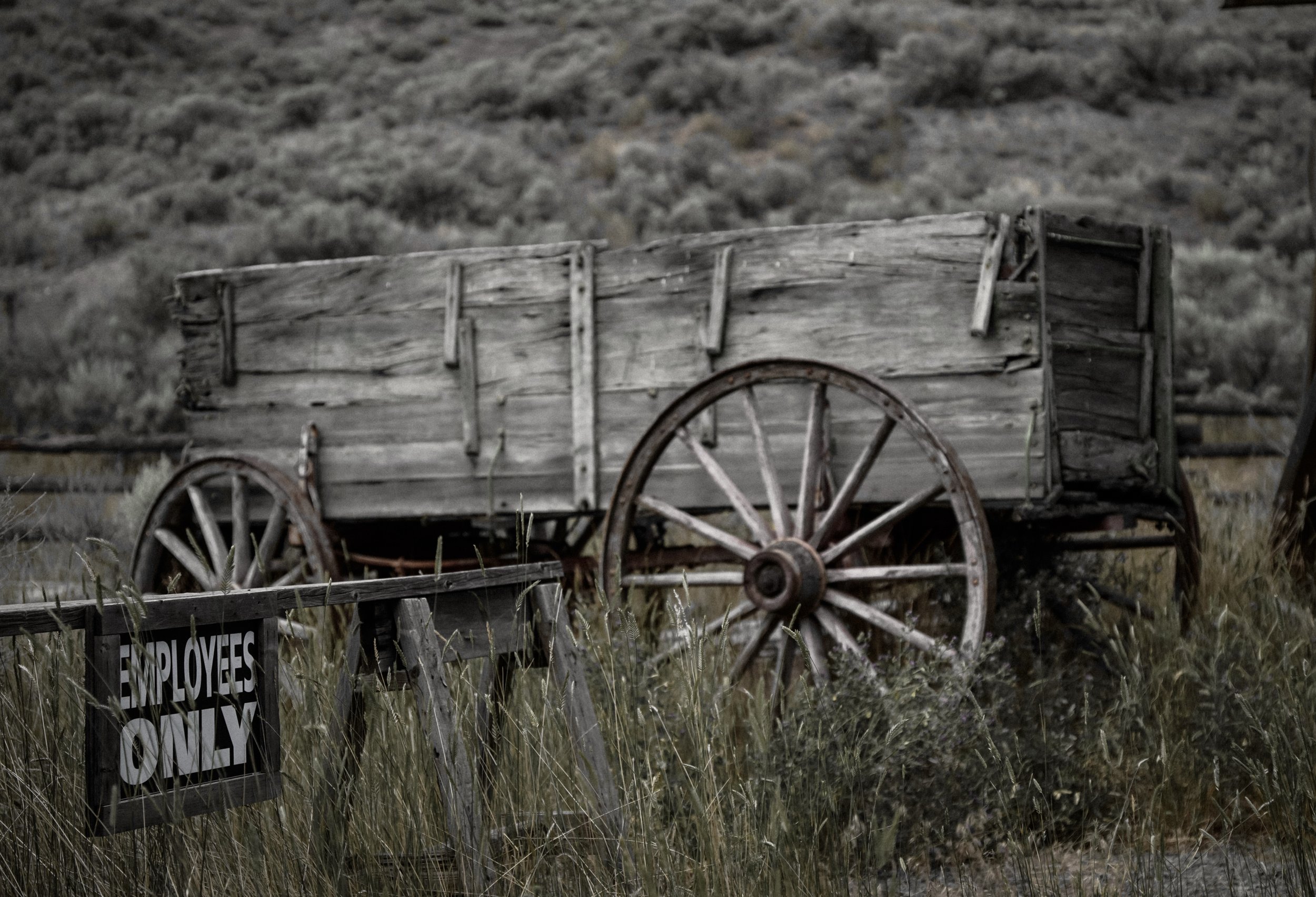 Alter, verrosteter Holzwagen auf einer Wiese mit einem Zaun und einem Schild, das 'Employees Only' sagt, im Hintergrund Hügel mit trockenem Gras.