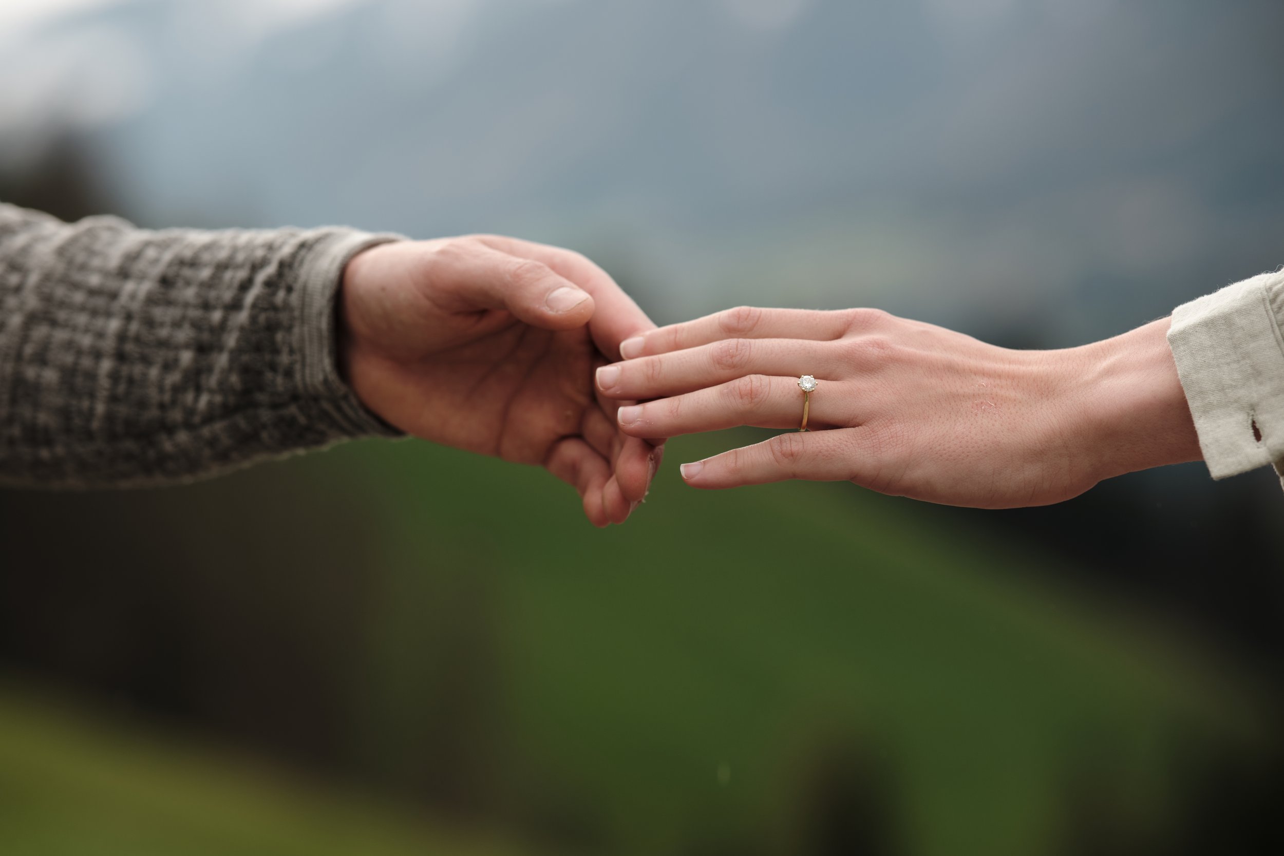 Zwei Hände, eine mit Ehering, fast berühren sich in einer waldigen Landschaft im Hintergrund.