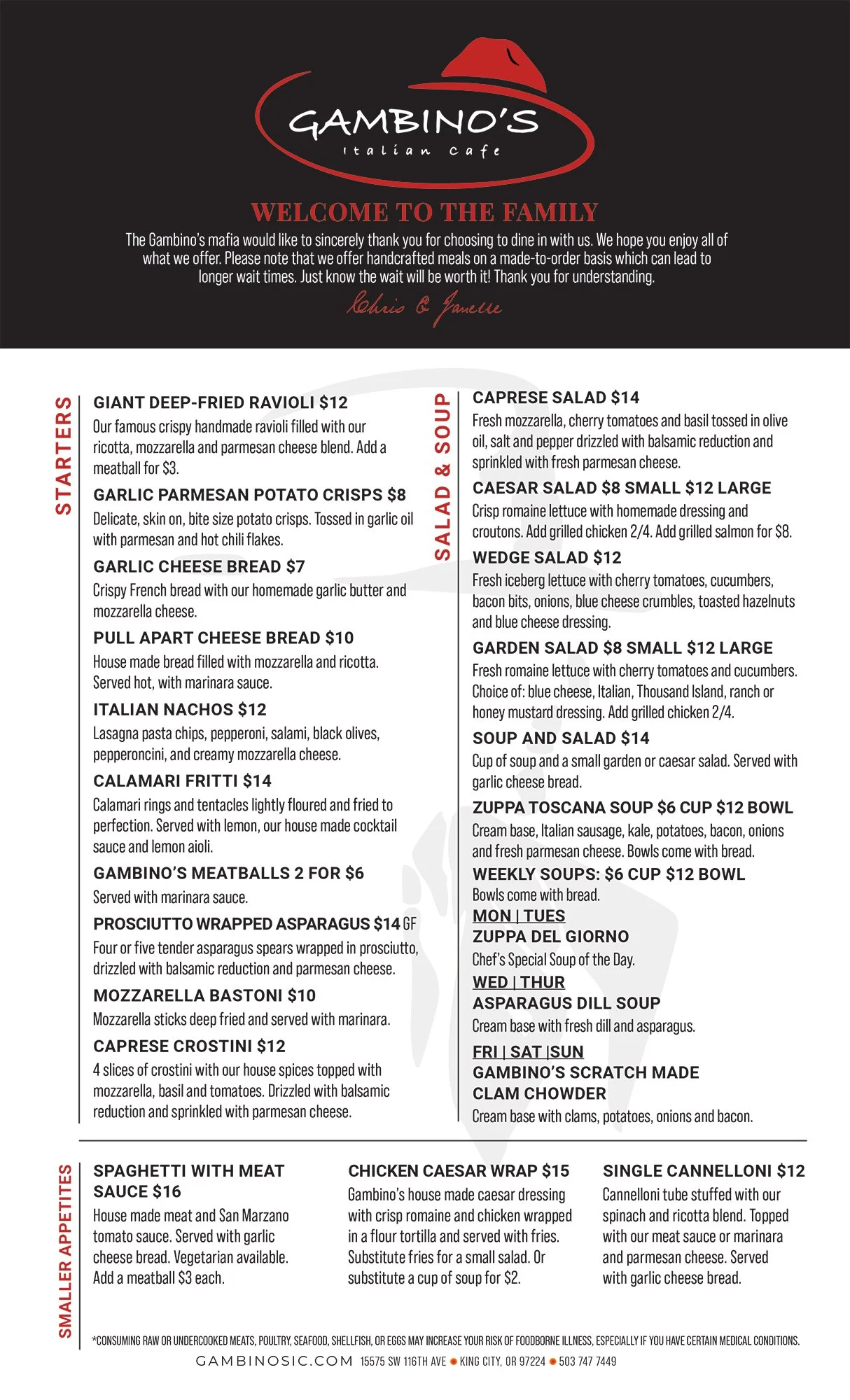 Gambinos menu first page.