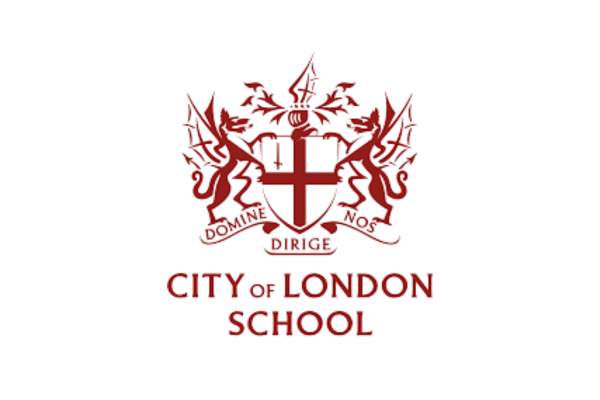 Logo of City of London School featuring a shield flanked by two lions and the school name beneath.
