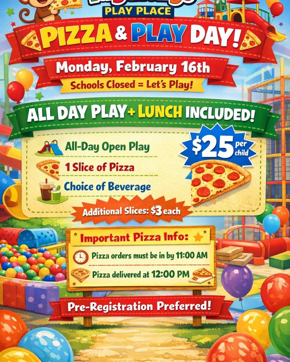 ✨✨Register for our Pizza &amp; Play Day✨✨
Schools closed Monday 2/16&hellip;&hellip;bring the kids to get some energy out!!