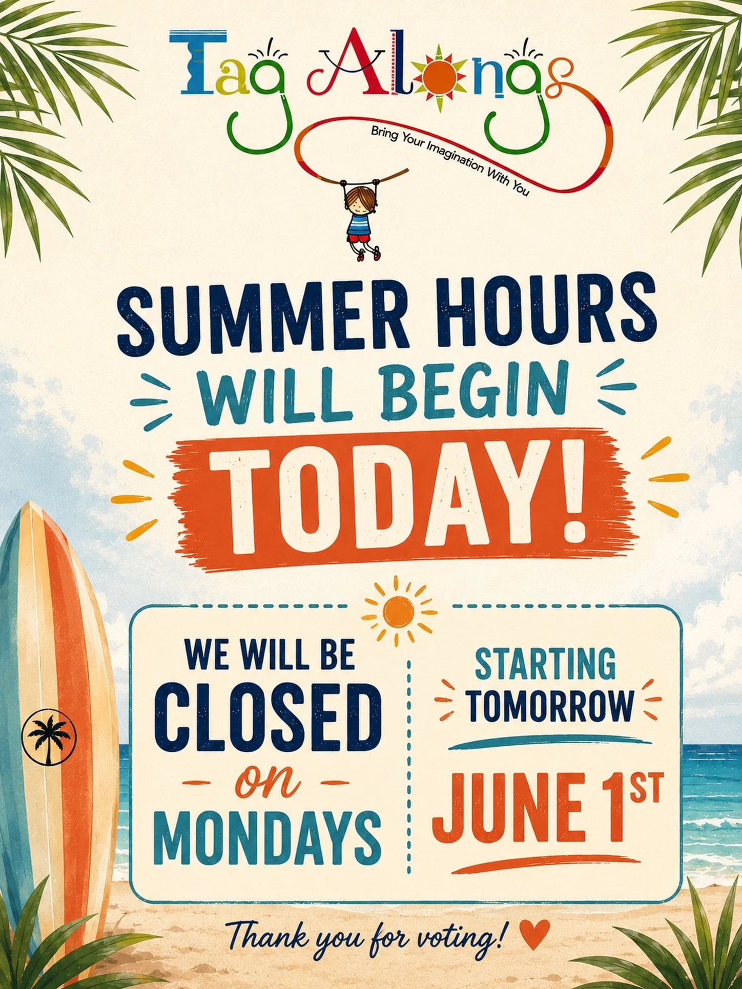 ☀️ Summer hours are officially here! ☀️
You voted&hellip; and Mondays are getting the summer off 😎
Starting tomorrow, June 1st, Tagalongs will be CLOSED on Mondays as part of our summer schedule.
Thanks for helping us choose &mdash; we can&rsquo;t w