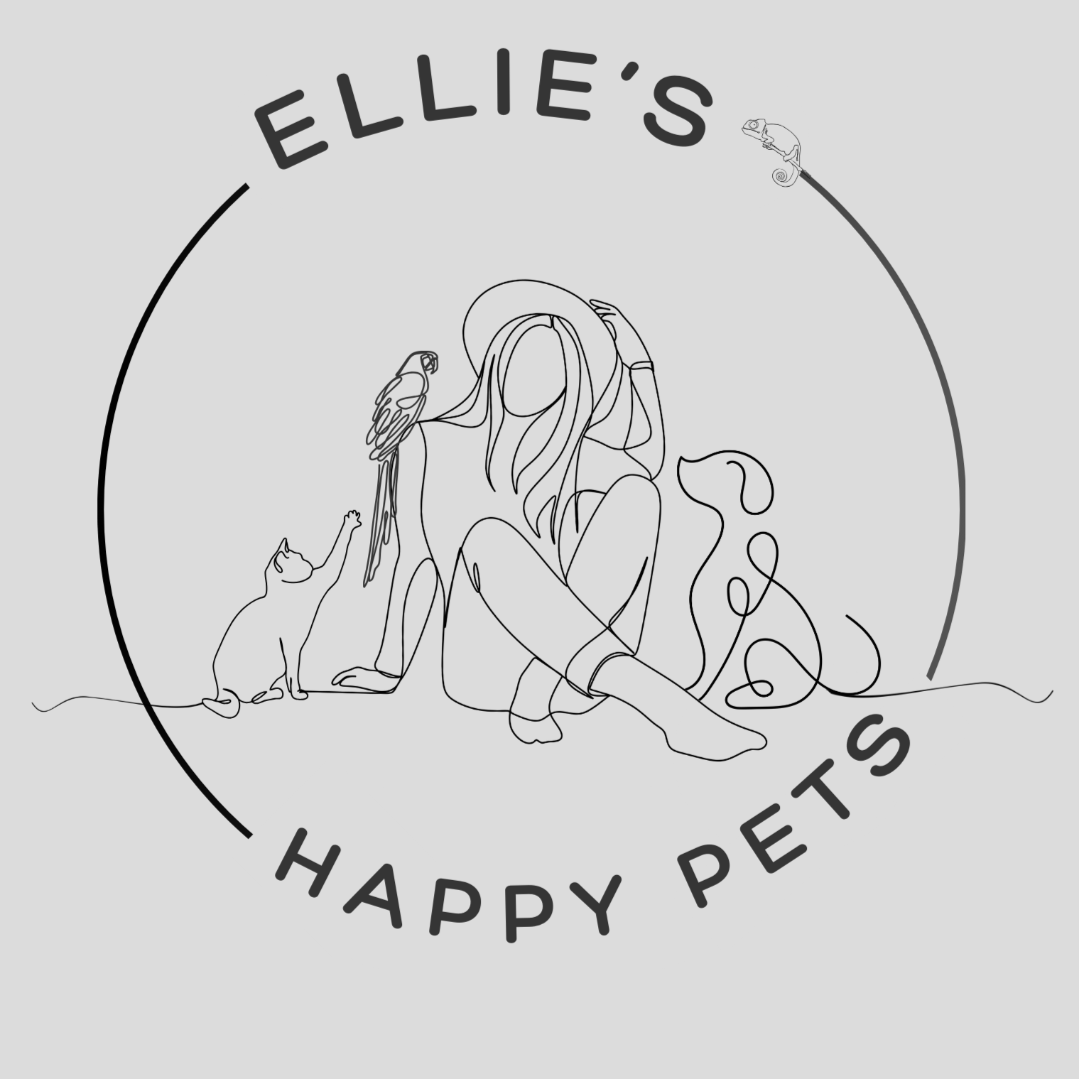 Line drawing of a woman sitting with a dog and a cat, with a bird on her shoulder and a chameleon on her hat, surrounded by text that reads 'Ellie's Happy Pets'.