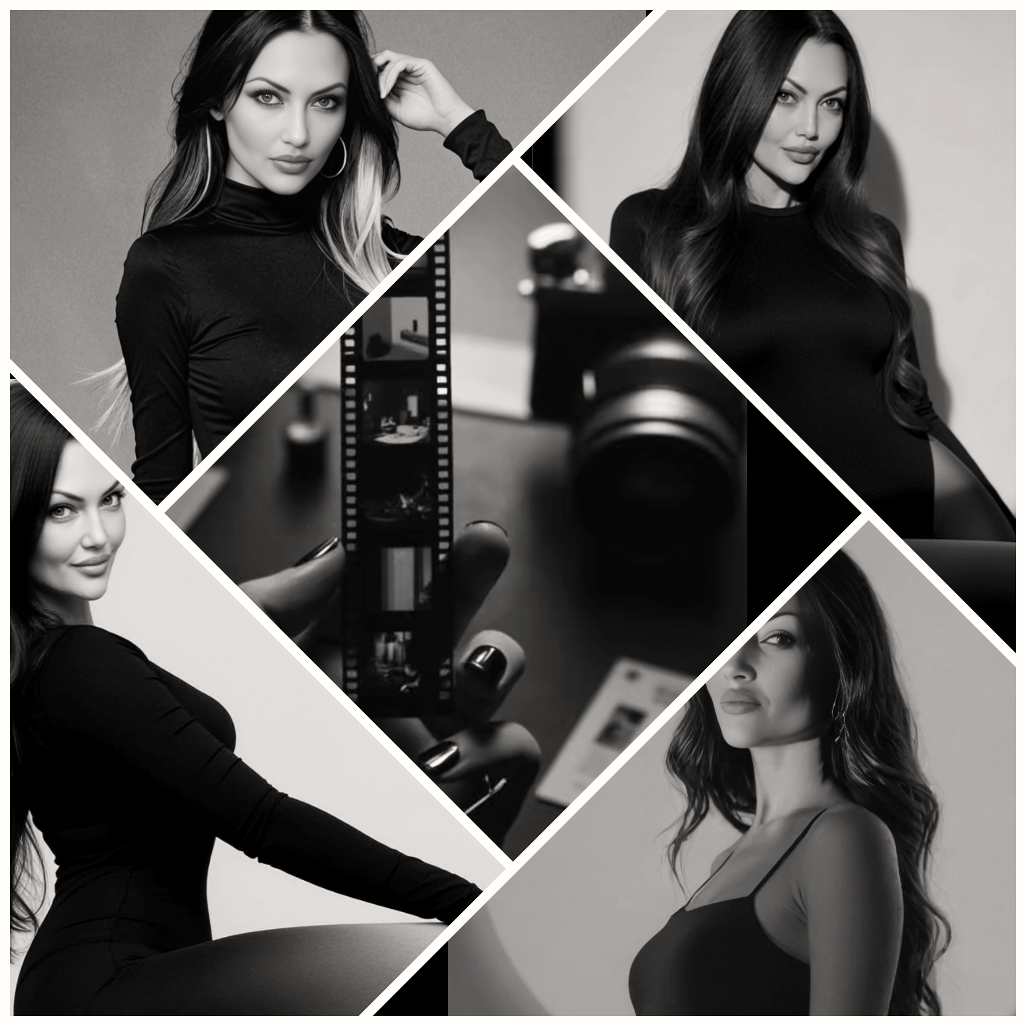 Collage of five black-and-white portraits of Hayley Paige