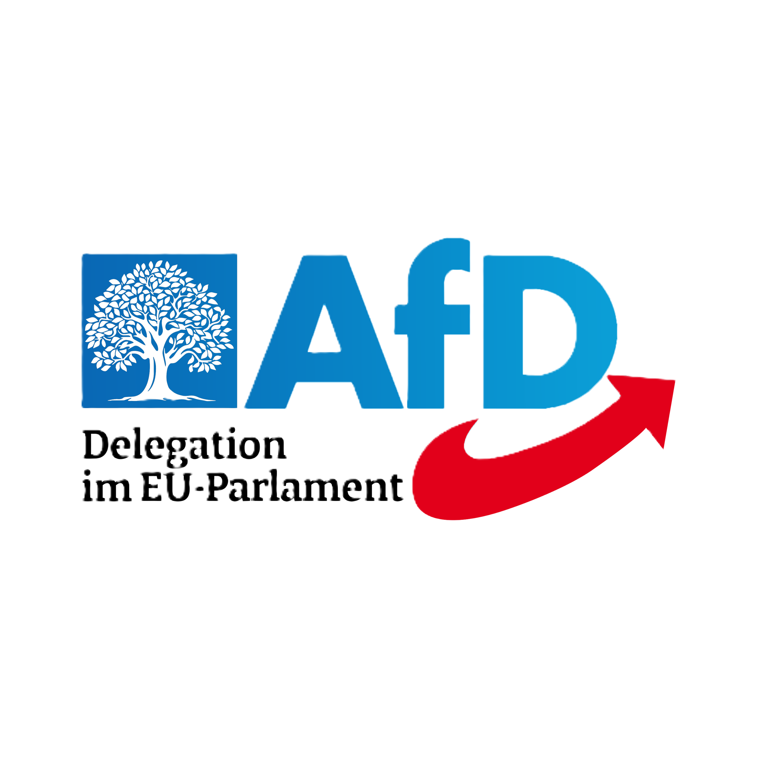 Logo der AfD mit einem blauen Baum und einem roten Pfeil, darunter der Text 'Delegation im EU-Parlament'.