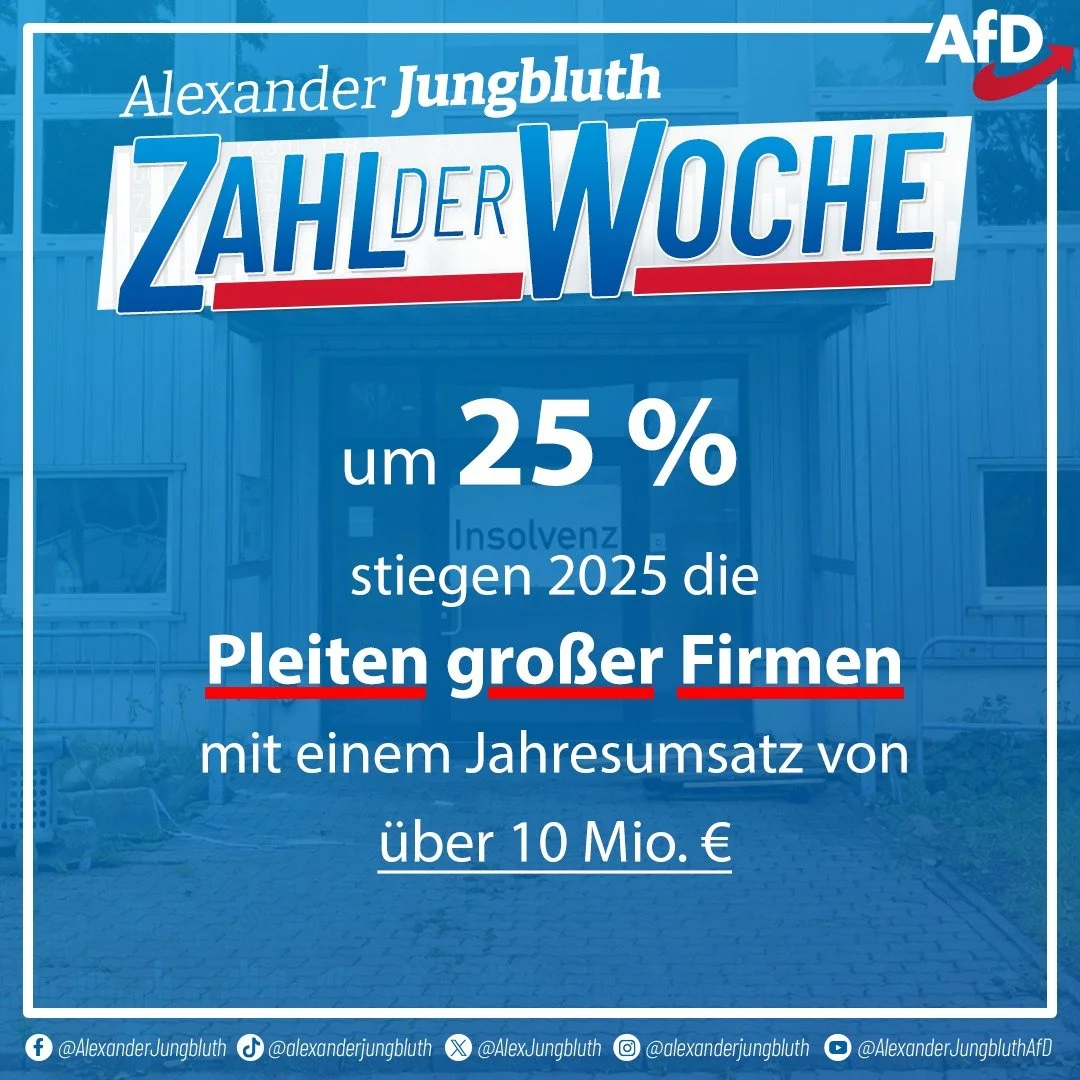 ‼️2025: Pleiten gro&szlig;er Firmen um 25 % gestiegen‼️

📈 Im vergangenen Jahr sind die Pleiten gro&szlig;er Firmen mit einem Jahresumsatz von &uuml;ber zehn Millionen Euro auf 471 gestiegen, ein Anstieg von 25 %. So habe sich die Zahl der Gro&szlig