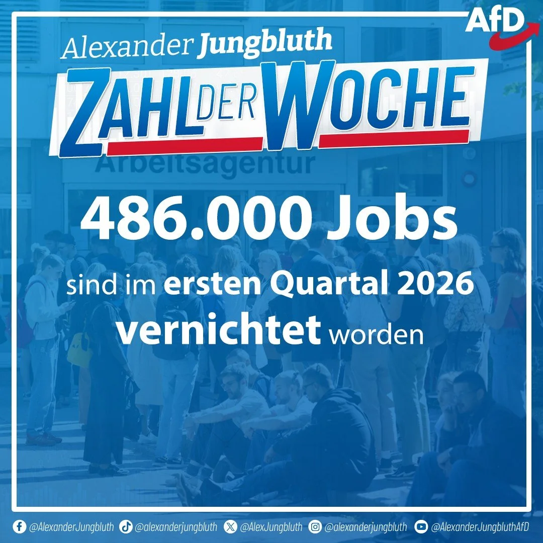 ‼️Im 1. Quartal: 486.000 Jobs vernichtet‼️

⚡️ Die Horrorbilanz der Bundesregierung um Friedrich Merz setzt sich fort. Alleine im ersten Quartal wurden 486.000 Jobs vernichtet, insbesondere in der Industrie (171.000). 

🧨 Saisonal bedingt ist es nor