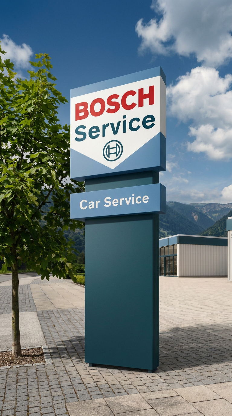 Sign for Bosch Service, a car service center, outdoors with mountains in the background.