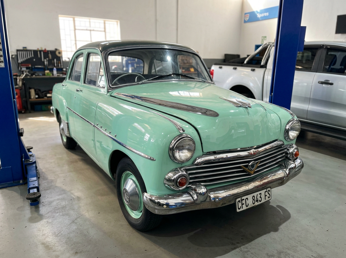 A vintage light green Vauxhall car parked in a garage with other vehicles and tools visible in the background.
