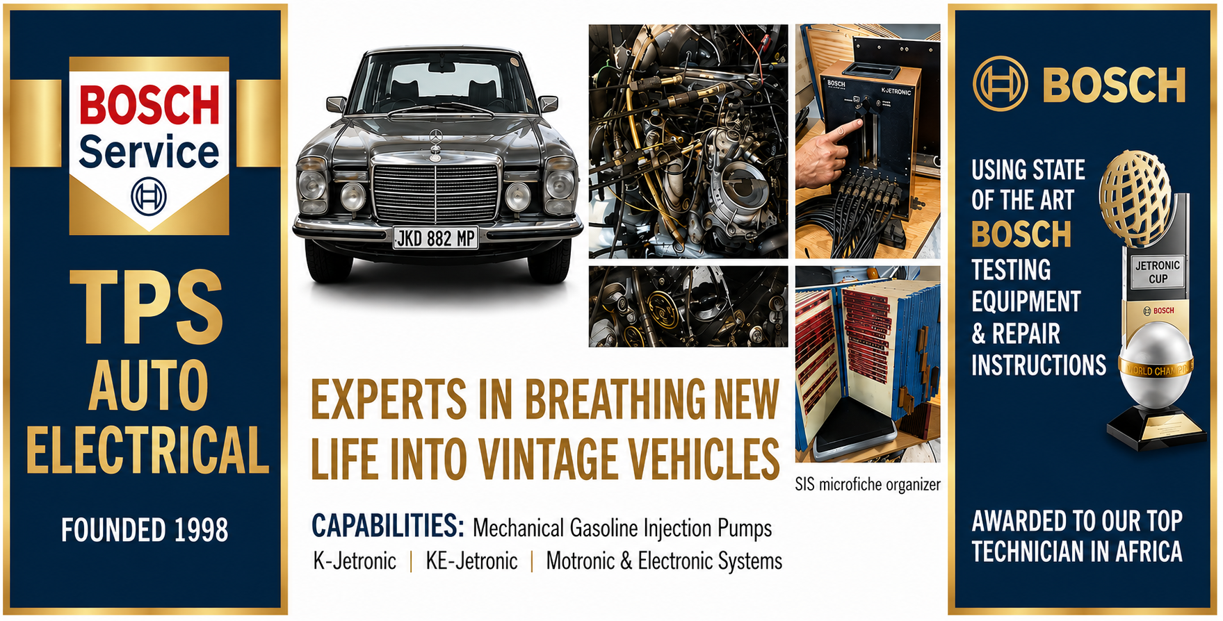 An advertisement for Bosch auto electrical services and vintage vehicle restoration, featuring a classic Mercedes-Benz car, images of engine parts, microfiche organizer, and a testing device with a globe and trophy, highlighting expertise and awards in testing equipment, repair, and instructions.