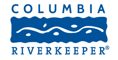 Columbia Riverkeeper logo with blue text and wave design