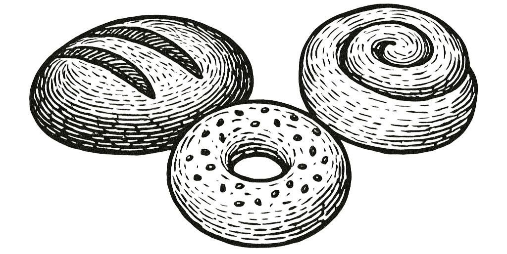 A bread loaf, bagel, and cinnamon roll sketch.