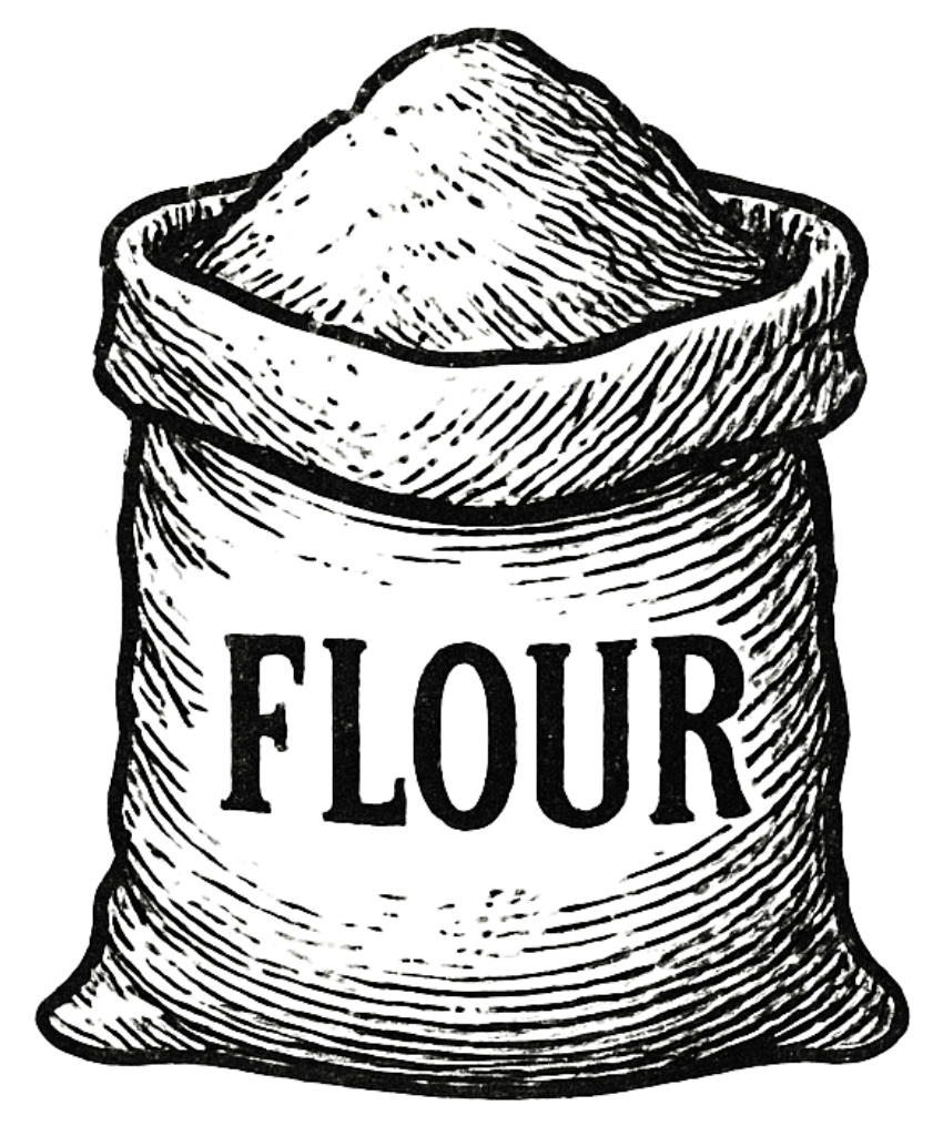 A sketch of a burlap sack labeled "FLOUR" with spilled flour inside.