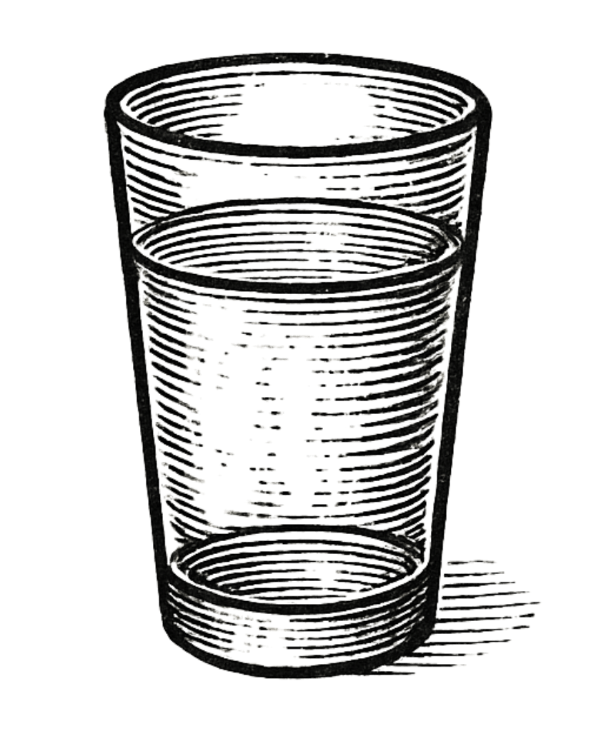Outline drawing of two transparent glasses, one taller than the other, with a small shadow cast on the surface beneath them.