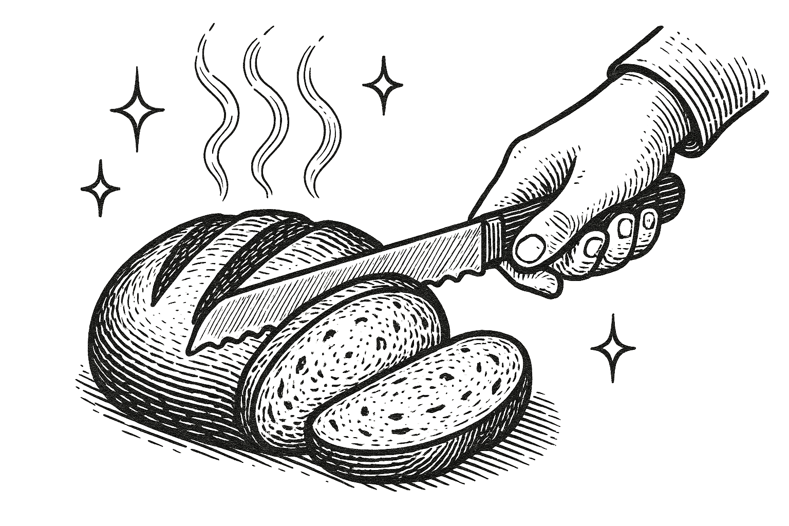 A hand holding a knife slicing through a loaf of bread, with coins underneath and stars and steam around, all depicted in a sketch style.