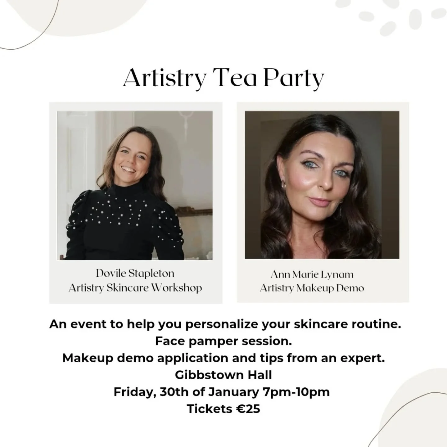✨️ARTISTRY TEA PARTY✨️ 
📍 @halla_bhaile_ghib 
📆 30th of January 2026
⏰️ 7pm -10pm 

Come and join us for a fun and educational night! 
Ticket link in the comments. 

Tea, coffee &amp; treats ☕️🧁

#skincare #vegan #clueltyfree #pampernight #artistr