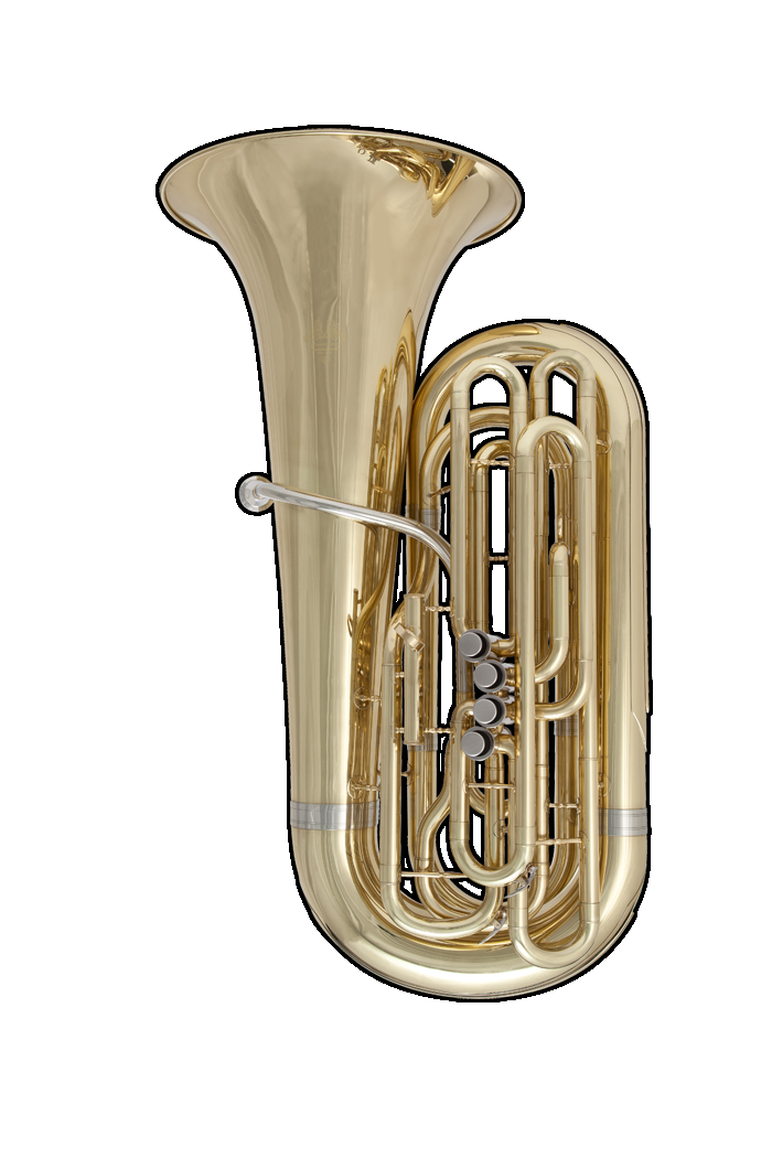 A shiny gold tuba with valves up, against a black background.