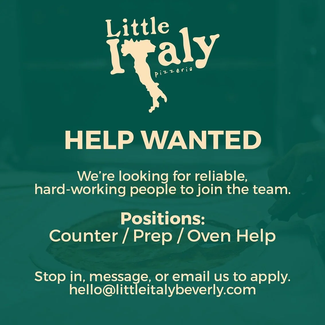Contact us here, walk in, or email. $16/hr starting pay. #pizza #pizzalover #beverlymajobs #willworkforpizza
