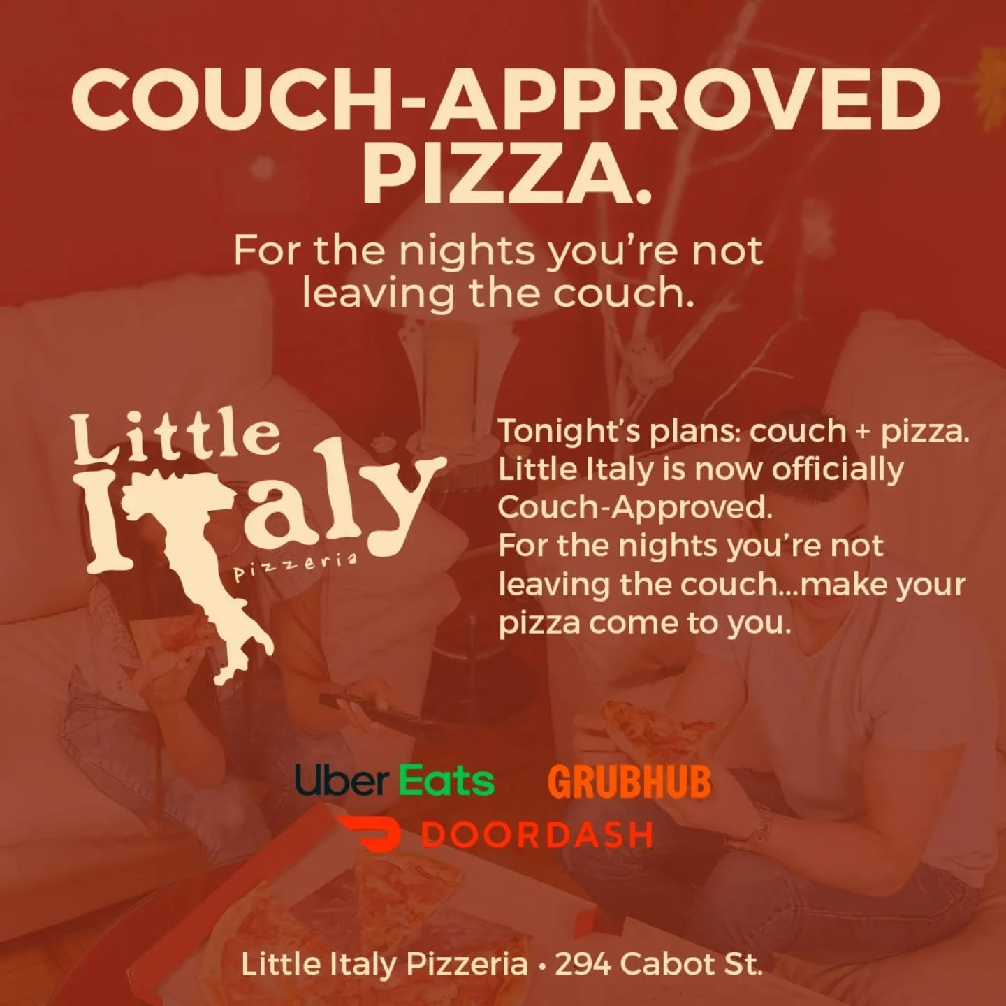If you&rsquo;re not leaving the couch, neither is dinner.

Couch-Approved Pizza
On the way.

#CouchApproved #PizzaNight #NorthShoreEats #BeverlyMA #PizzaDelivery #StayIn #LittleItalyBeverly