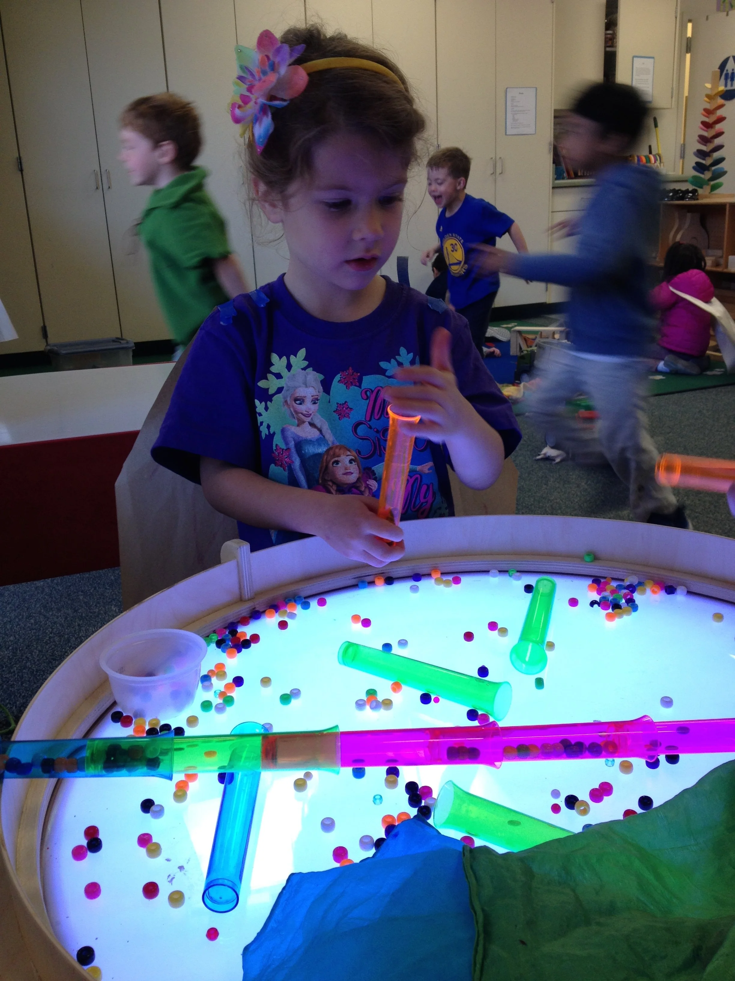 SENSORY PLAY:  Sensory play is naturally calming and can help children regulate their emotions and focus their attention. It also helps children develop fine motor skills, scientific thinking and language development. 

