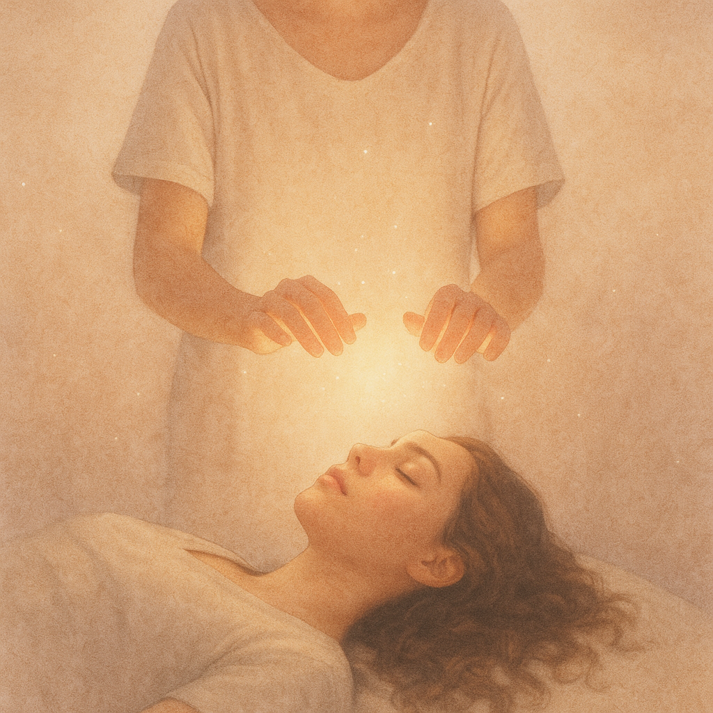A woman lying on her back with her eyes closed, while a person above her appears to be channeling or transmitting golden light toward her forehead, creating a mystical or spiritual scene.