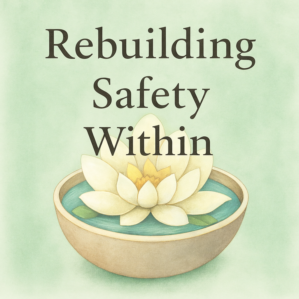 Text says Rebuilding Safety Within, on top of a bowl with a lotus flower spread out