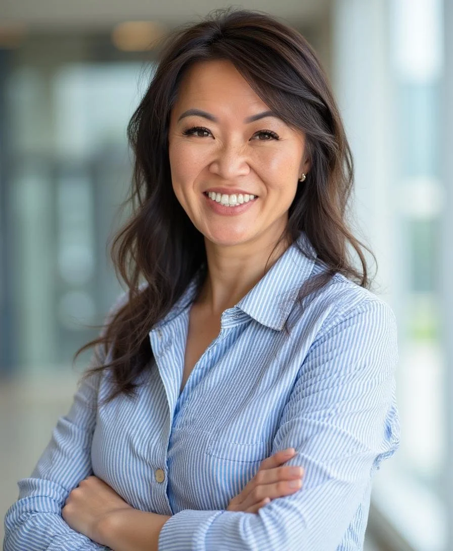A smiling woman with shoulder-length dark hair, wearing a light blue striped button-up shirt, standing with arms crossed in an indoor setting with large windows.