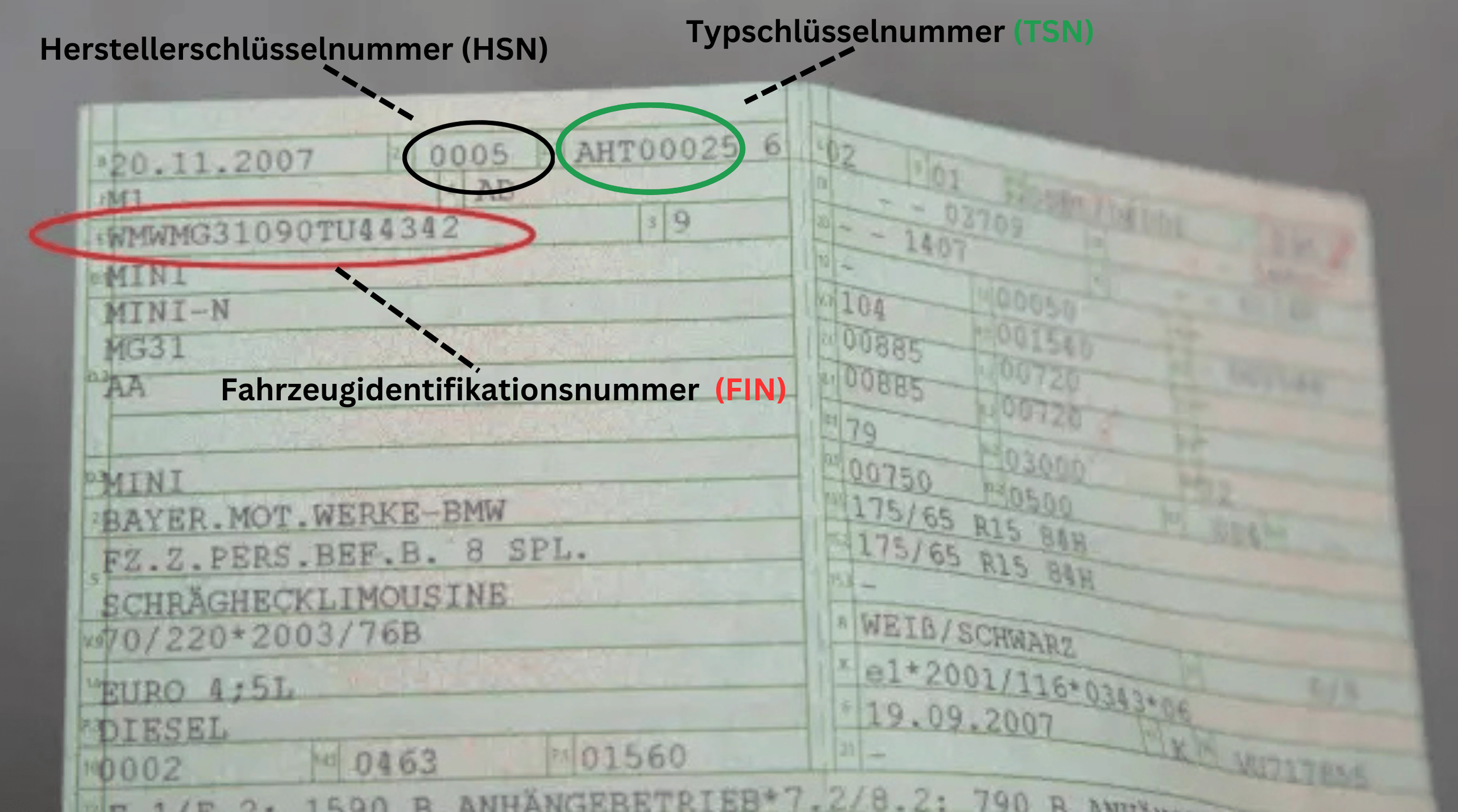 Fahrzeugschein der HSN, TSN und die FIN anzeigt.