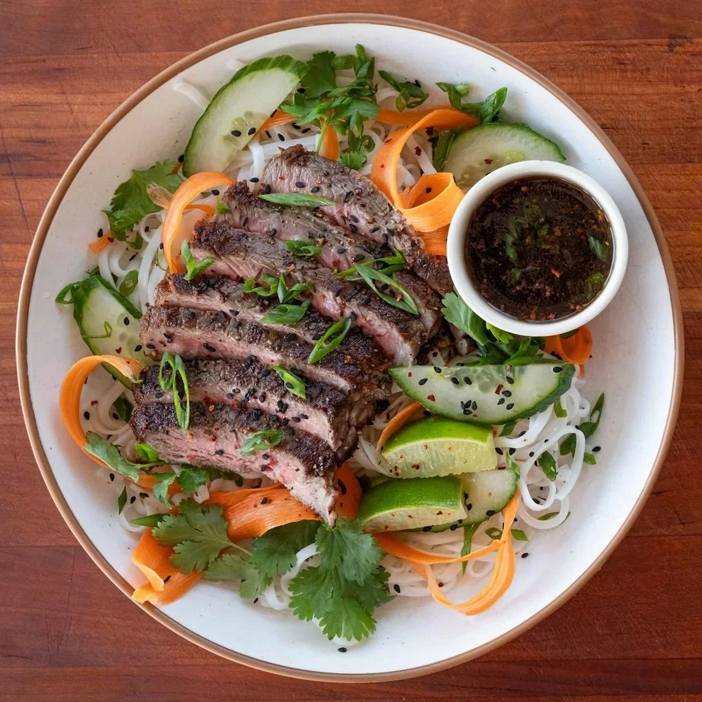 A plate of grilled steak slices garnished with green onions, served on rice noodles with sliced cucumbers, carrots, lime wedges, cilantro, and a small bowl of dipping sauce.