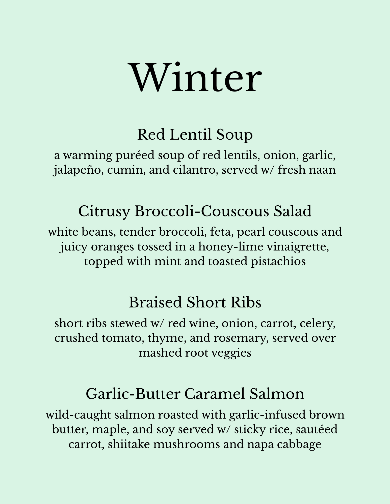 Menu titled 'Winter' featuring four dishes: Red Lentil Soup, Citrus Broccoli-Couscous Salad, Braised Short Ribs, Garlic-Butter Caramel Salmon.