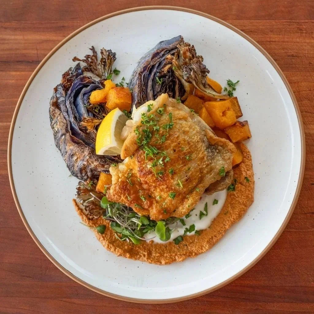 Plate of cooked fish fillet with roasted vegetables, yellow lemon wedge, green herbs, and a red sauce, served on a white plate on a wooden table.