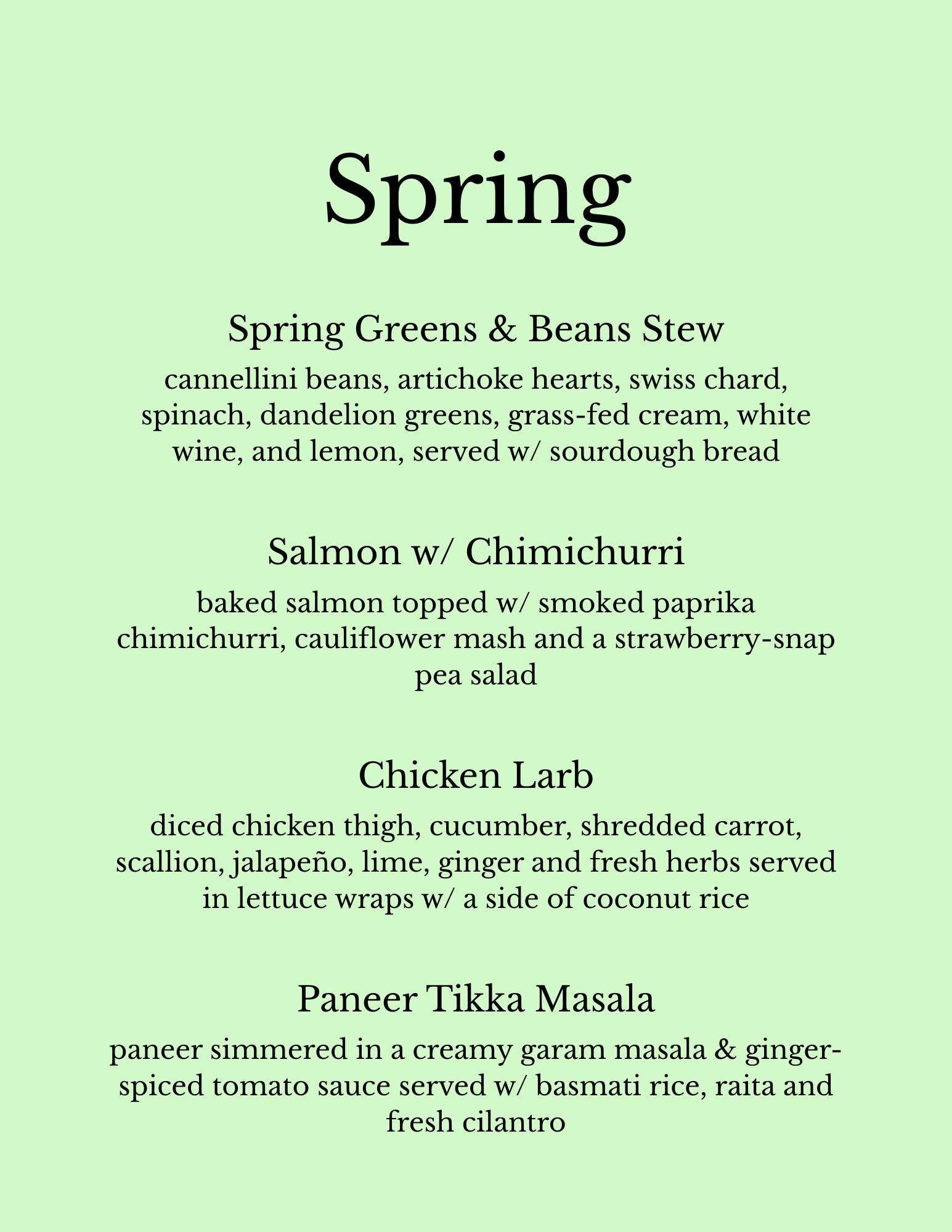 A spring menu with a list of dishes including spring greens & beans stew, salmon with chimichurri, chicken larb, and paneer tikka masala.