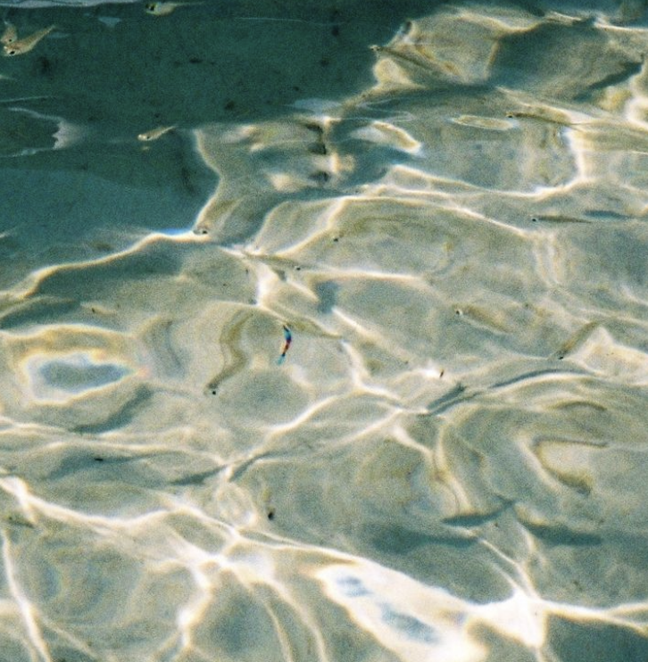 Clear water with sunlight reflections creating rippling patterns on the bottom