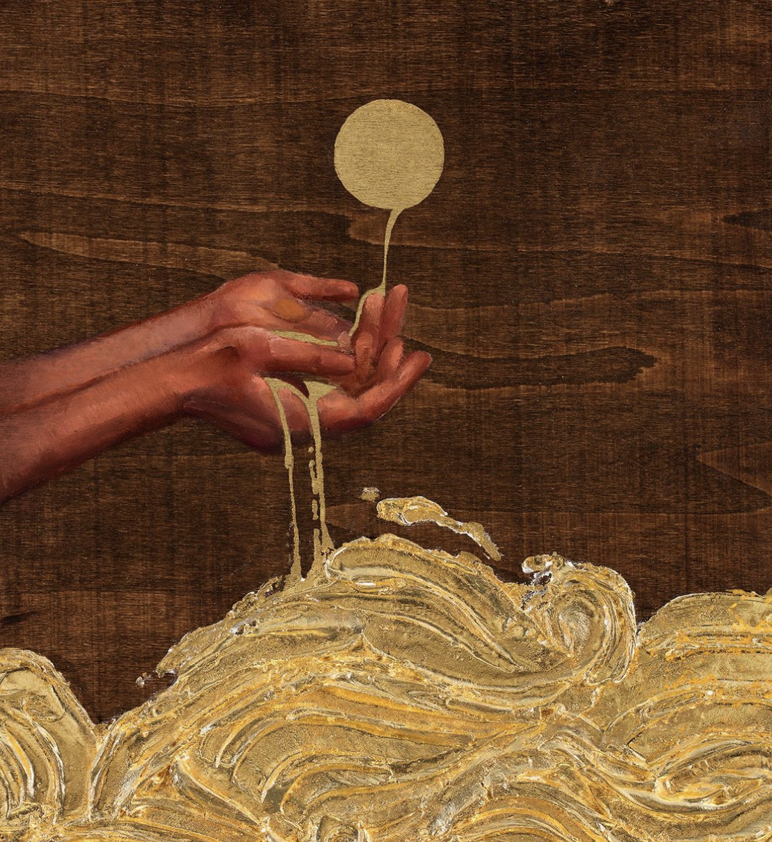 Painting of a hand holding a gold balloon string, with the balloon appearing to drip gold paint, above swirling gold paint that resembles waves or clouds, against a dark wooden background.