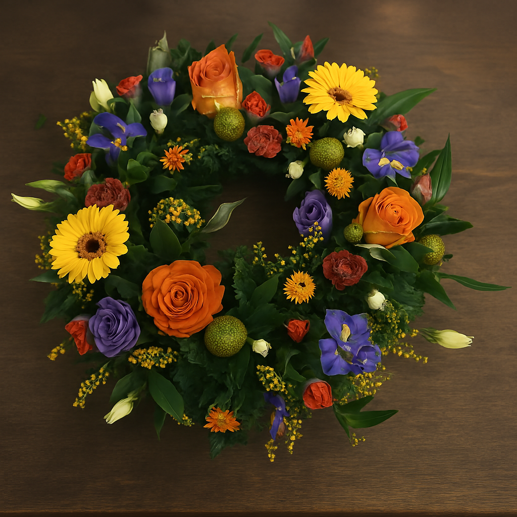 Colorful flower wreath with orange roses, purple lisianthus, yellow gerbera daisies, and small orange and yellow flowers on a wooden surface.