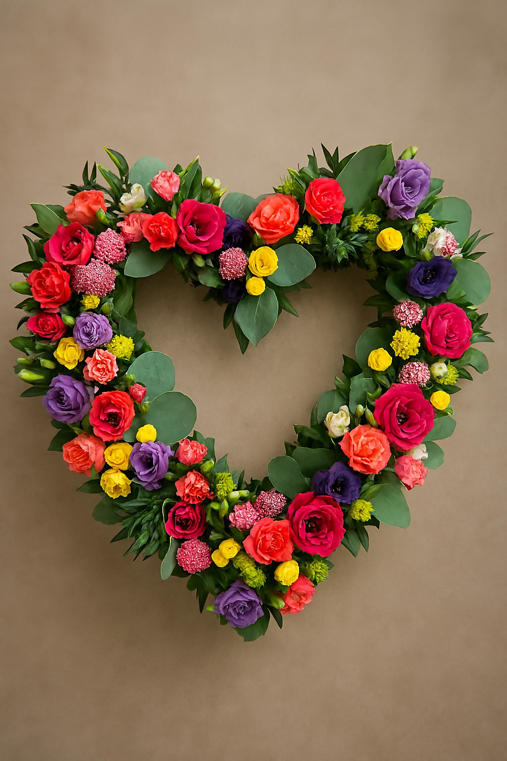 Heart-shaped floral wreath with various colorful flowers and green leaves on a beige background.